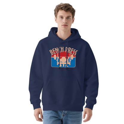 Retro Bench Press Gym Graphic Navy Hoodie, Fitness Enthusiast Soft Hoodie