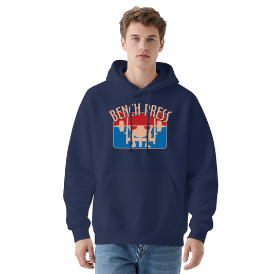Retro Bench Press Gym Graphic Navy Hoodie, Fitness Enthusiast Soft Hoodie