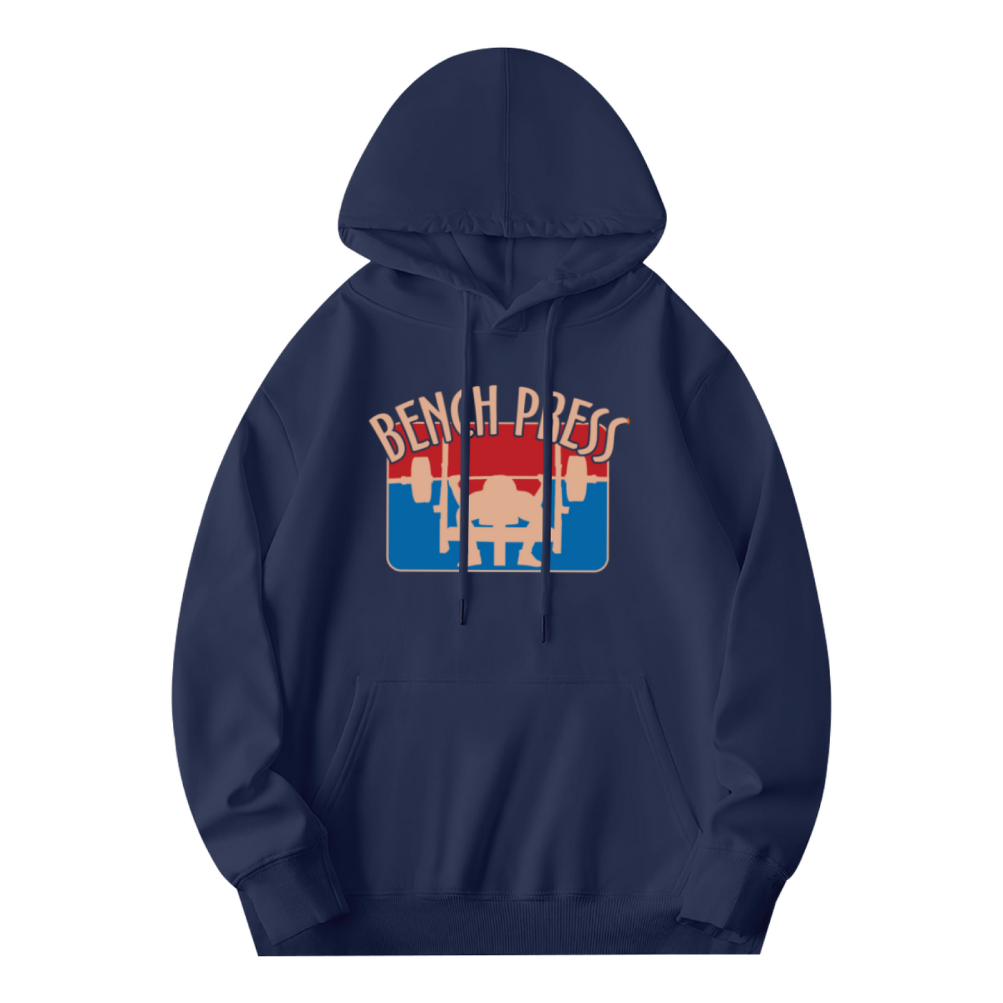 Retro Bench Press Gym Graphic Navy Hoodie, Fitness Enthusiast Soft Hoodie