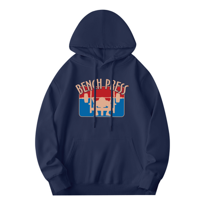 Retro Bench Press Gym Graphic Navy Hoodie, Fitness Enthusiast Soft Hoodie