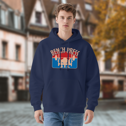 Retro Bench Press Gym Graphic Navy Hoodie, Fitness Enthusiast Soft Hoodie