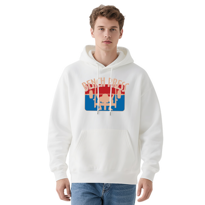 Retro Bench Press Gym Graphic Navy Hoodie, Fitness Enthusiast Soft Hoodie