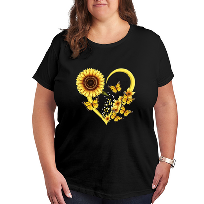 Sweet Sunflower Heart & Yellow Butterfly Cute Plus Size Women Printed T-Shirt