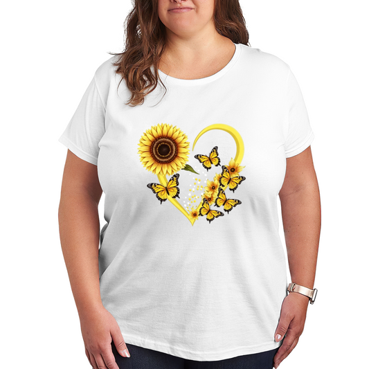 Sweet Sunflower Heart & Yellow Butterfly Cute Plus Size Women Printed T-Shirt