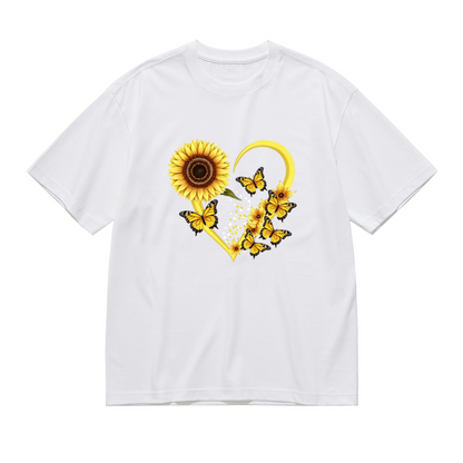Sweet Sunflower Heart & Yellow Butterfly Cute Plus Size Women Printed T-Shirt