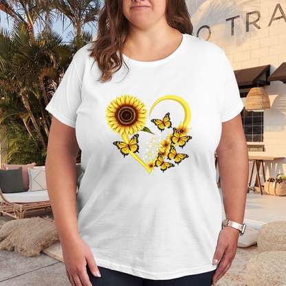Sweet Sunflower Heart & Yellow Butterfly Cute Plus Size Women Printed T-Shirt