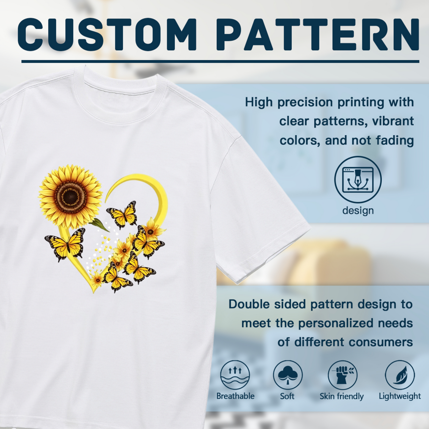 Sweet Sunflower Heart & Yellow Butterfly Cute Plus Size Women Printed T-Shirt