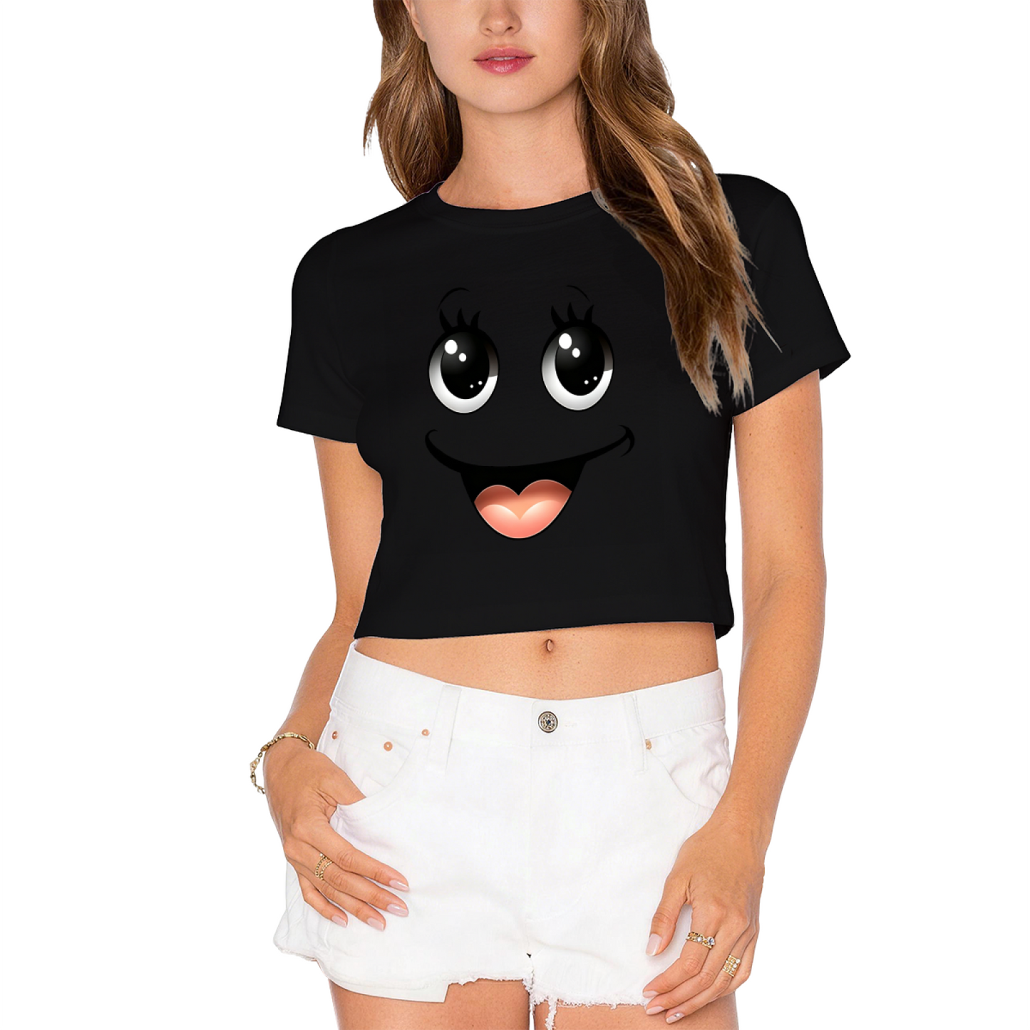 Kawaii Big Eyes Smiley Face Soft Girl Pink Crop Top