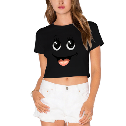 Kawaii Big Eyes Smiley Face Soft Girl Pink Crop Top
