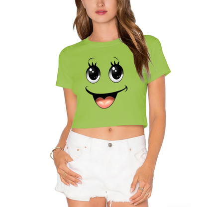 Kawaii Big Eyes Smiley Face Soft Girl Pink Crop Top