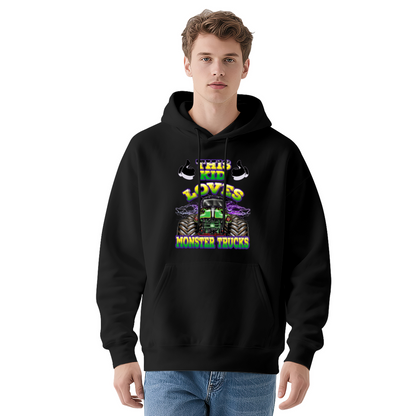 This Kid Loves Monster Trucks White Hoodie, Truck Fan Youth Cozy Top