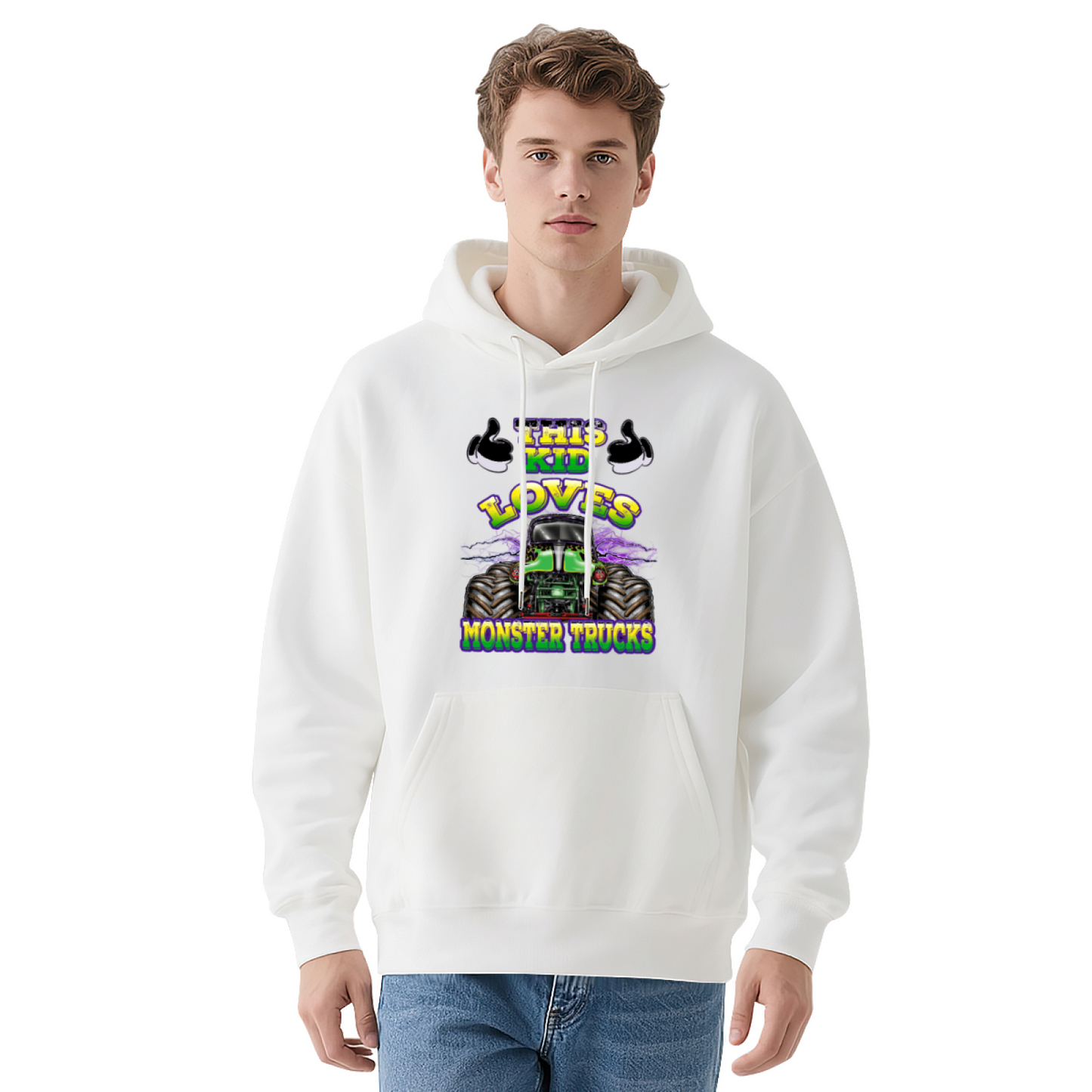 This Kid Loves Monster Trucks White Hoodie, Truck Fan Youth Cozy Top