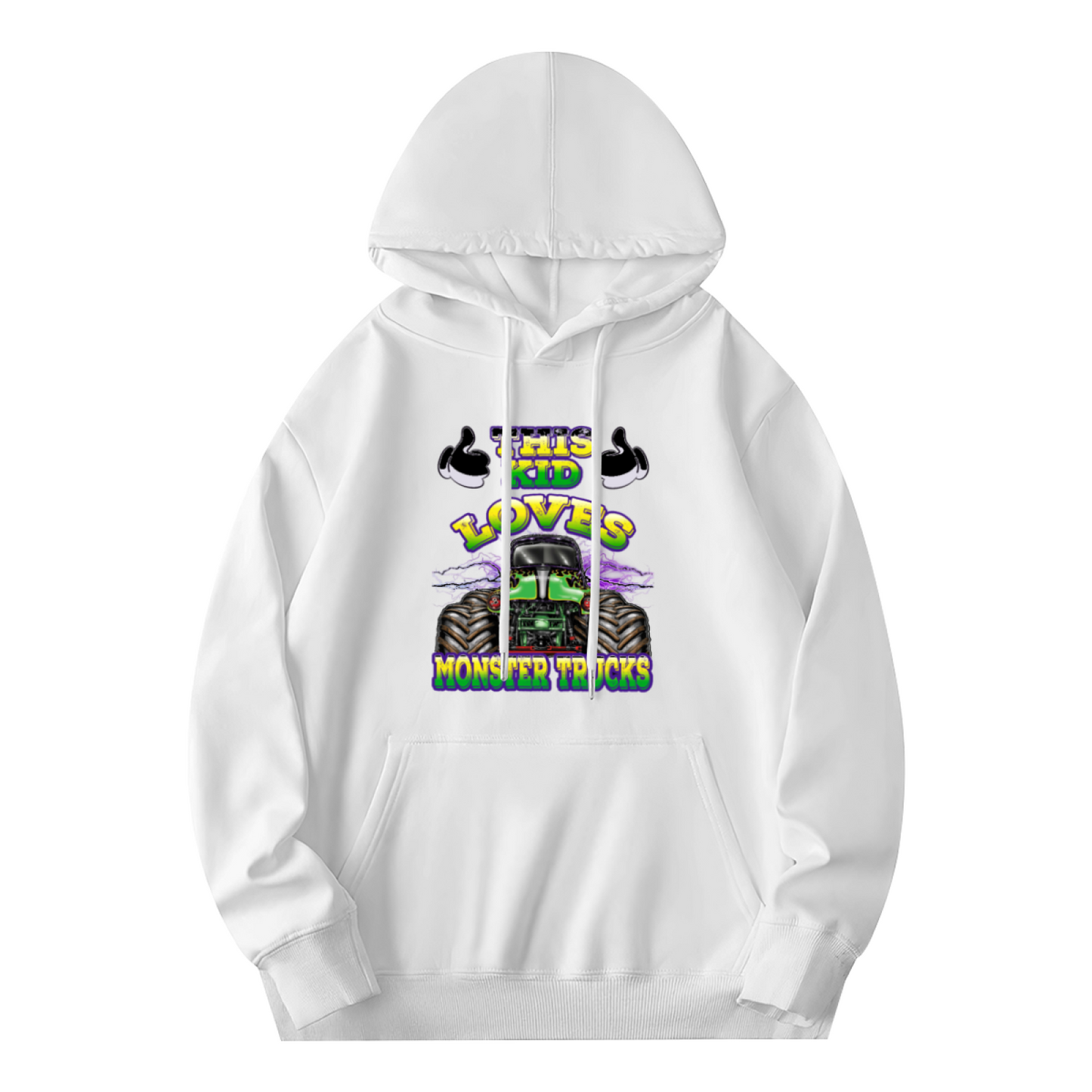 This Kid Loves Monster Trucks White Hoodie, Truck Fan Youth Cozy Top