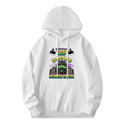 This Kid Loves Monster Trucks White Hoodie, Truck Fan Youth Cozy Top