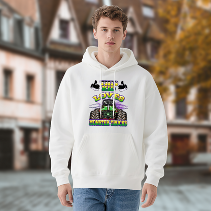 This Kid Loves Monster Trucks White Hoodie, Truck Fan Youth Cozy Top