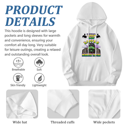 This Kid Loves Monster Trucks White Hoodie, Truck Fan Youth Cozy Top
