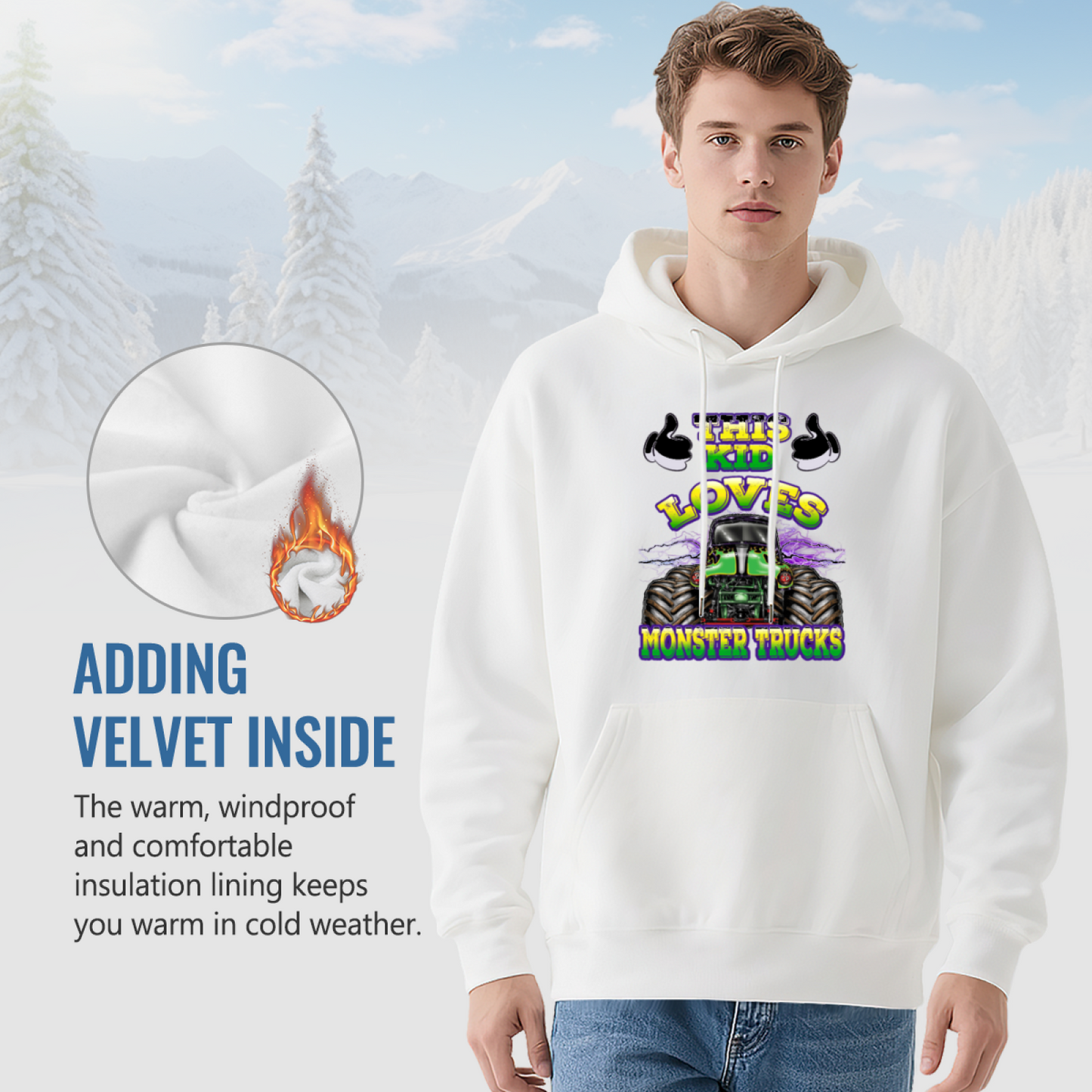 This Kid Loves Monster Trucks White Hoodie, Truck Fan Youth Cozy Top