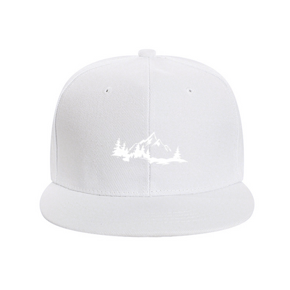 Mountain Pine Forest Landscape Navy Flat Brim Snapback Sun Hat, Outdoor Hiking Nature Cap