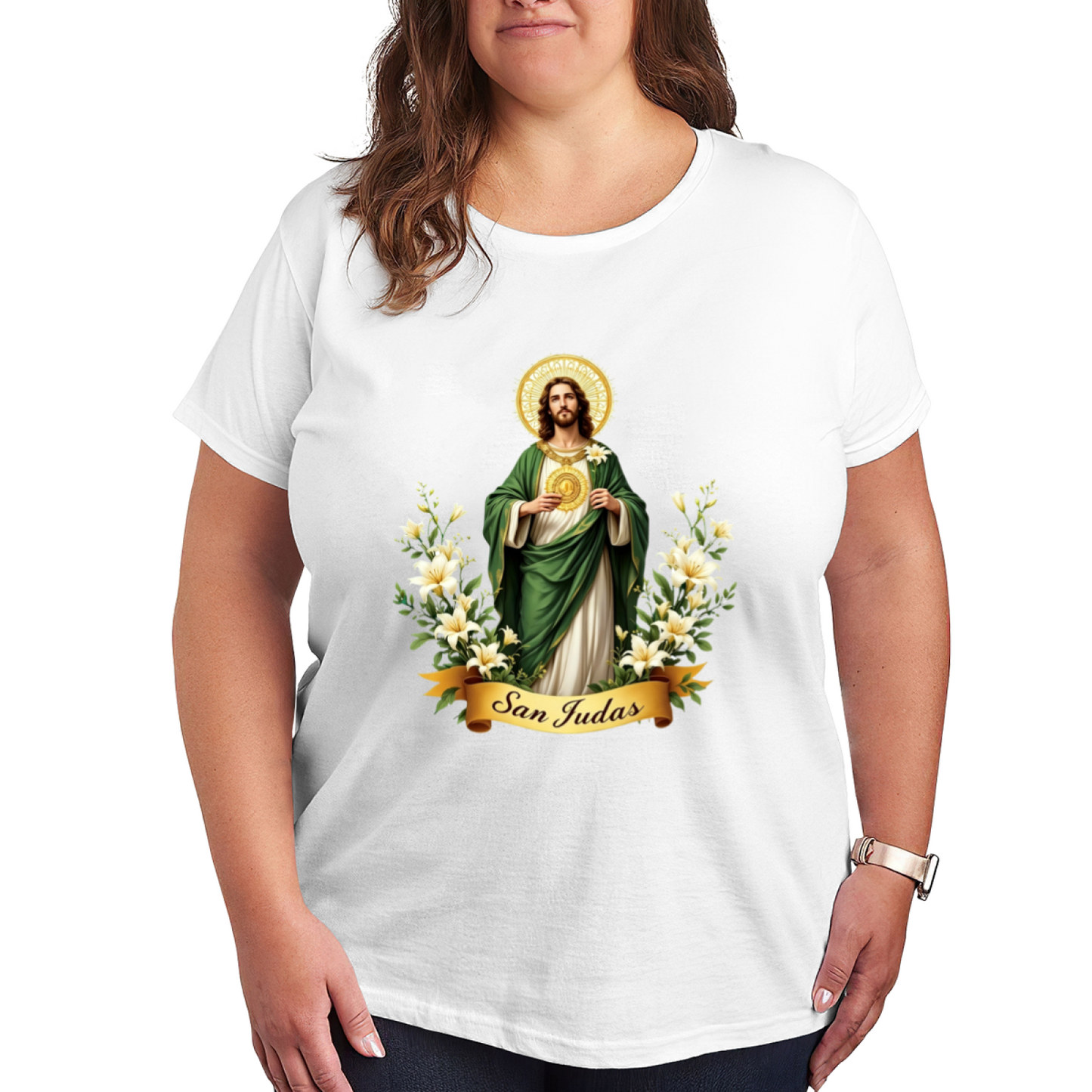 San Judas Saint Lily Religious Devotional Plus Size Women Graphic Print T-Shirt