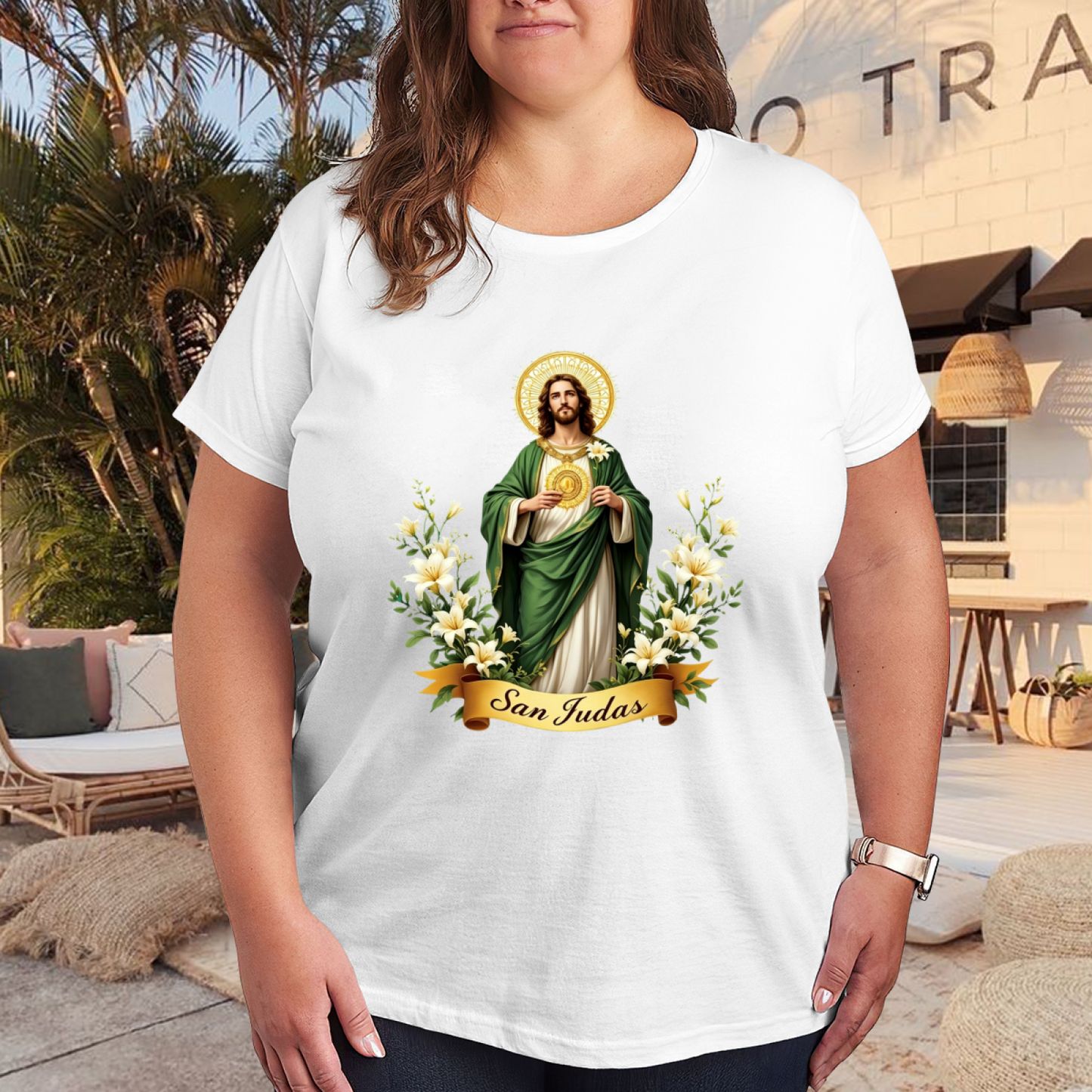 San Judas Saint Lily Religious Devotional Plus Size Women Graphic Print T-Shirt