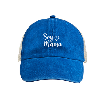 Cursive Boy Mama Heart Maroon Washed Trucker Hat Mom Of Boys Mesh Back Cap