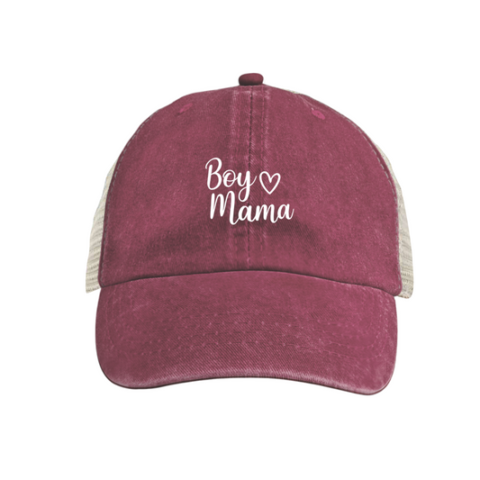 Cursive Boy Mama Heart Maroon Washed Trucker Hat Mom Of Boys Mesh Back Cap