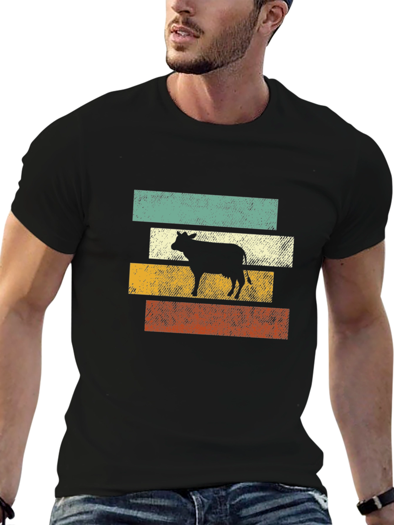 Retro Cow Graphic Tee - Black Cotton T-Shirt