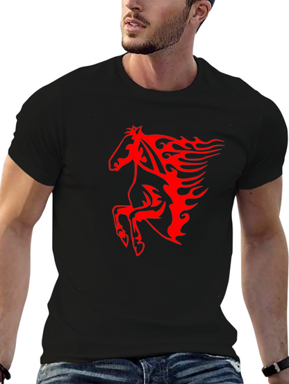 Mens Black T-Shirt with Fiery Red Horse Graphic