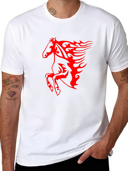 Mens Black T-Shirt with Fiery Red Horse Graphic