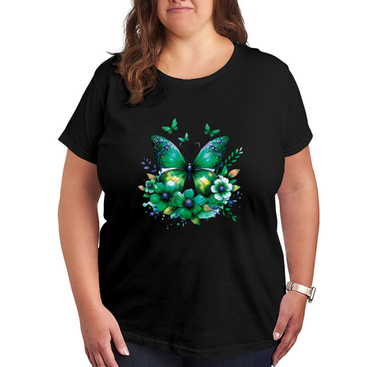 Fresh Emerald Green Floral Butterfly Botanical Plus Size Women¡¯s Printed T-Shirt