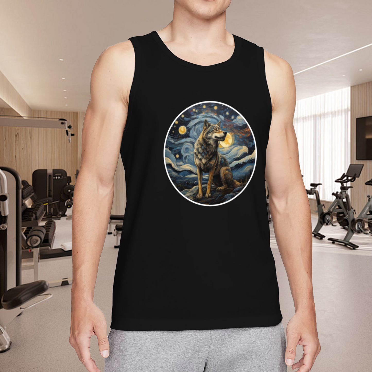 Starry Night Van Gogh Style Wolf Art Print Casual Tank Top