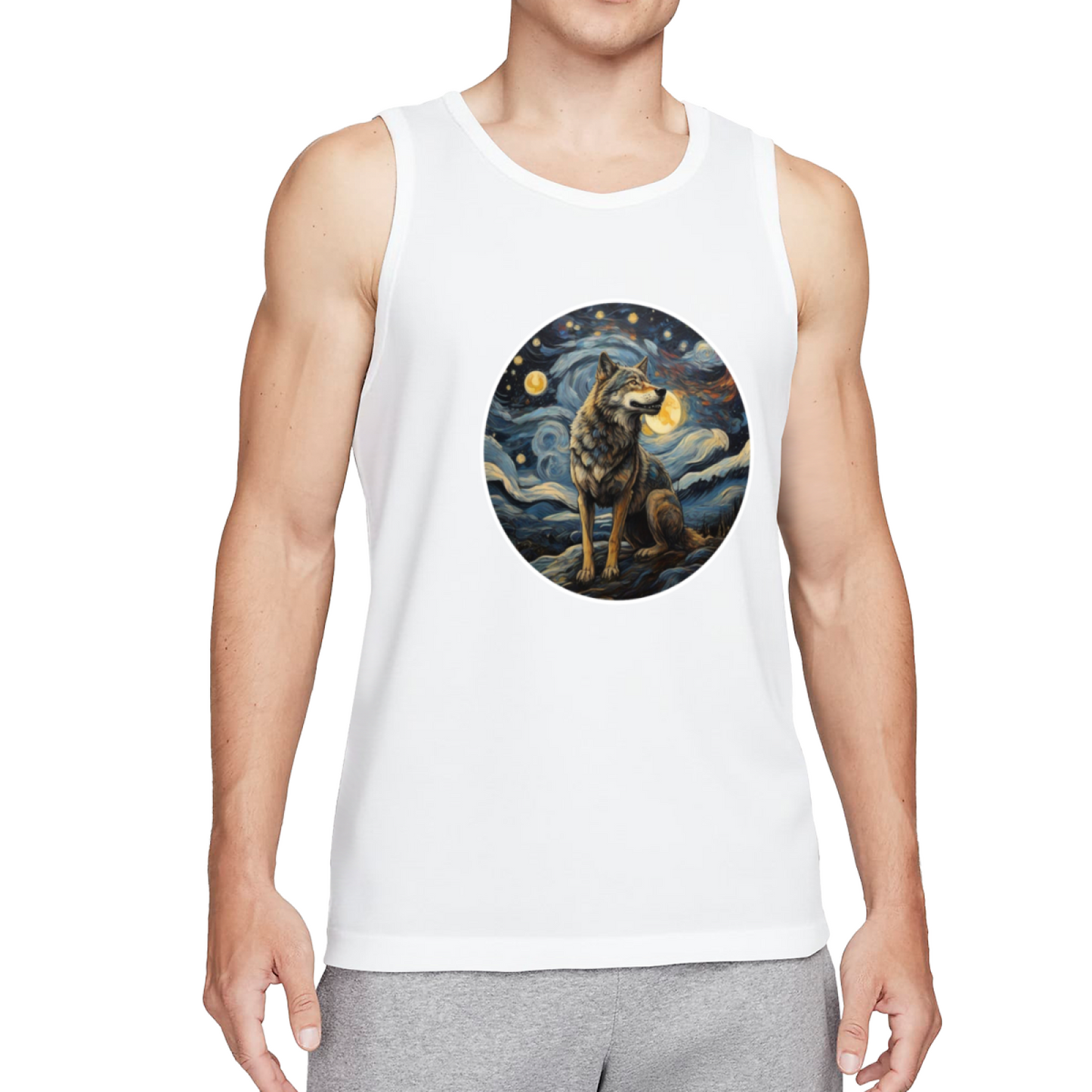 Starry Night Van Gogh Style Wolf Art Print Casual Tank Top