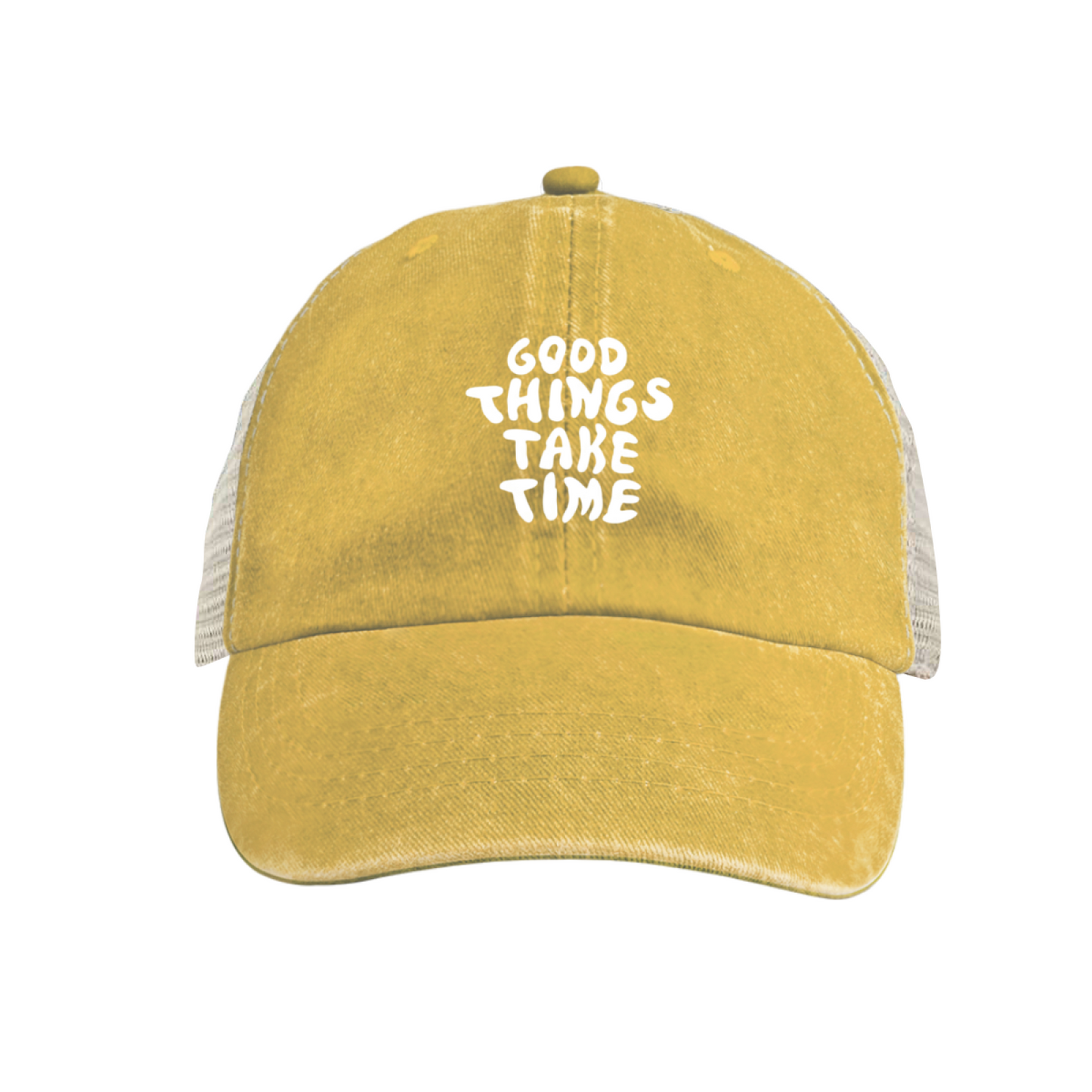 Good Things Take Time Positive Quote Maroon Distressed Mesh Trucker Hat ¨C Inspirational Daily Cap