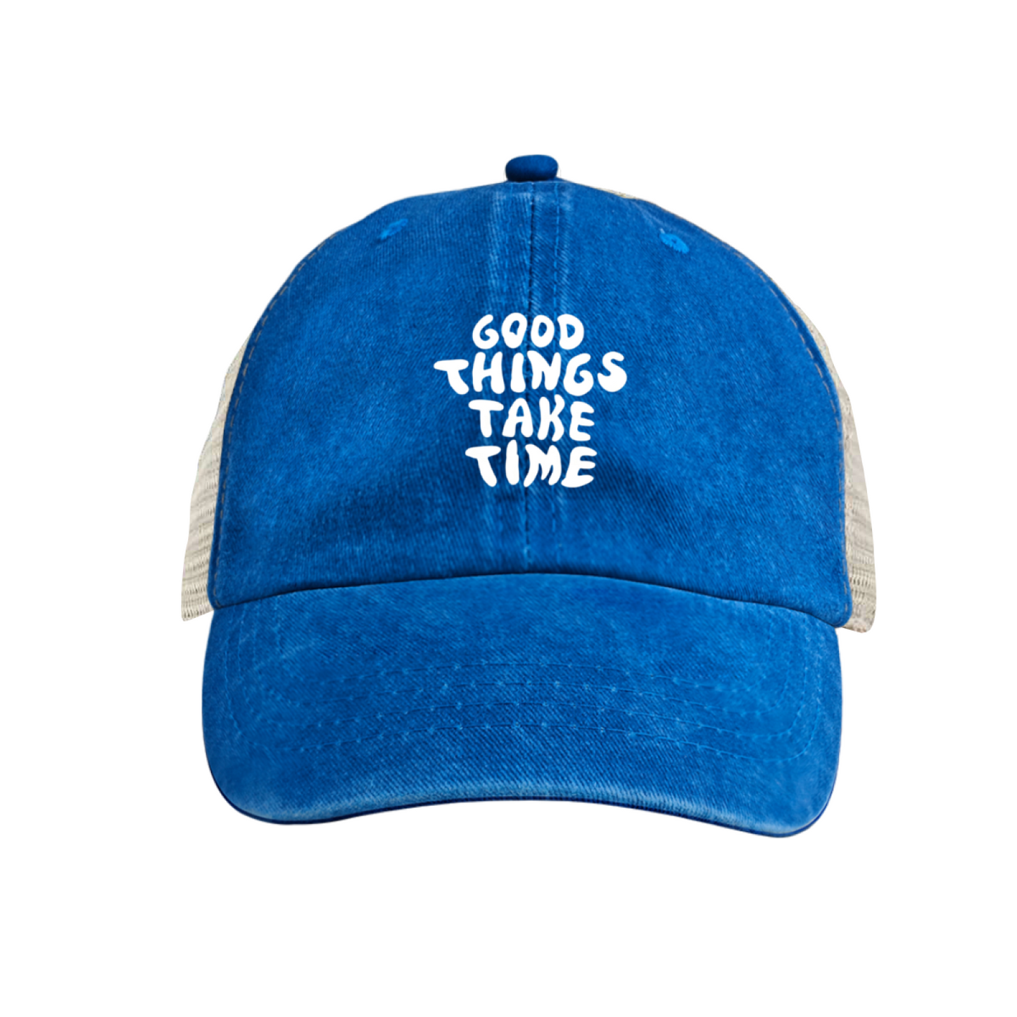 Good Things Take Time Positive Quote Maroon Distressed Mesh Trucker Hat ¨C Inspirational Daily Cap
