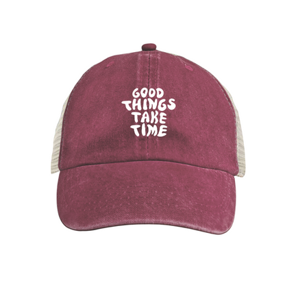 Good Things Take Time Positive Quote Maroon Distressed Mesh Trucker Hat ¨C Inspirational Daily Cap
