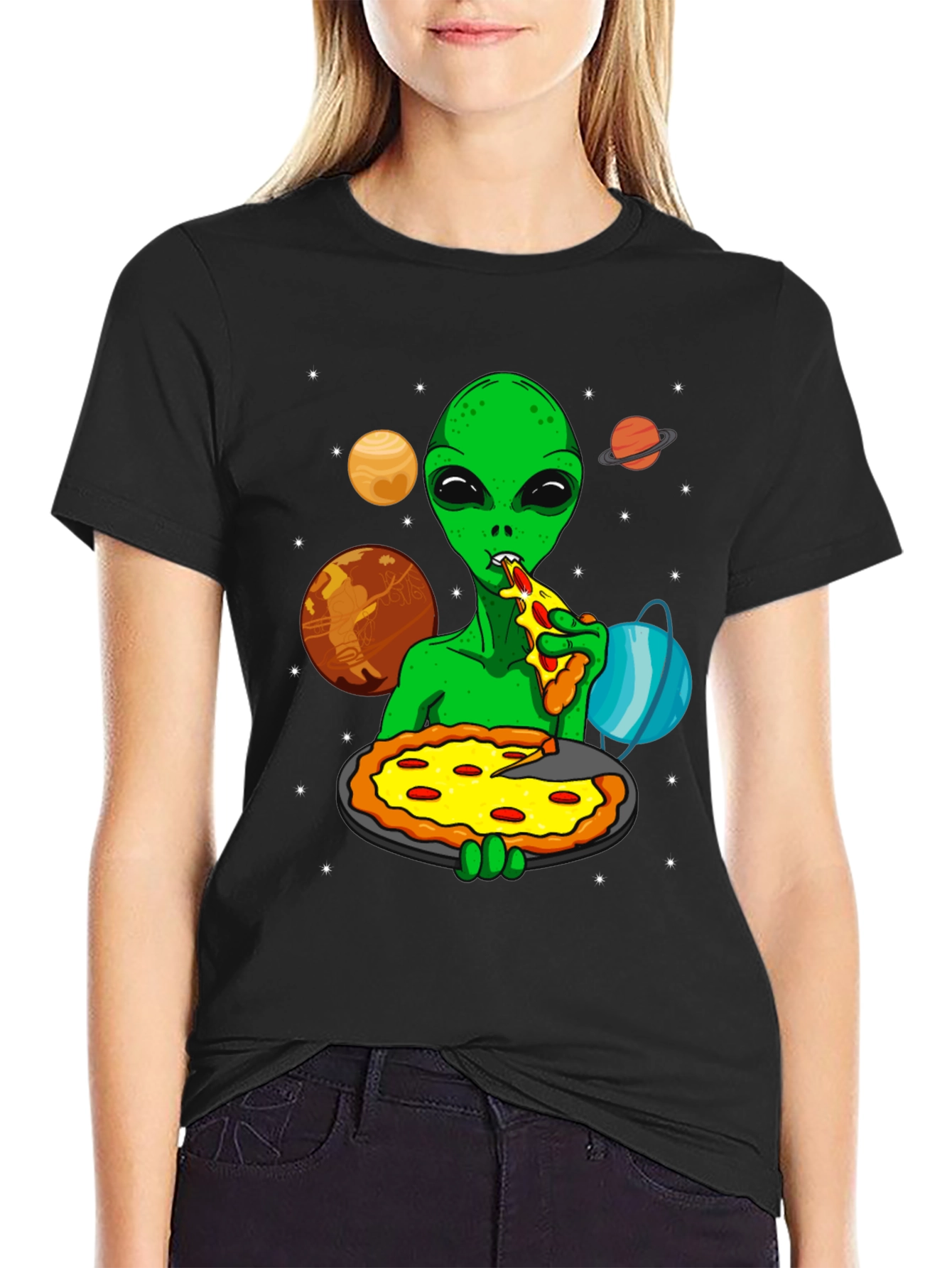 Alien Pizza Lover Graphic T-Shirt - Space Fun