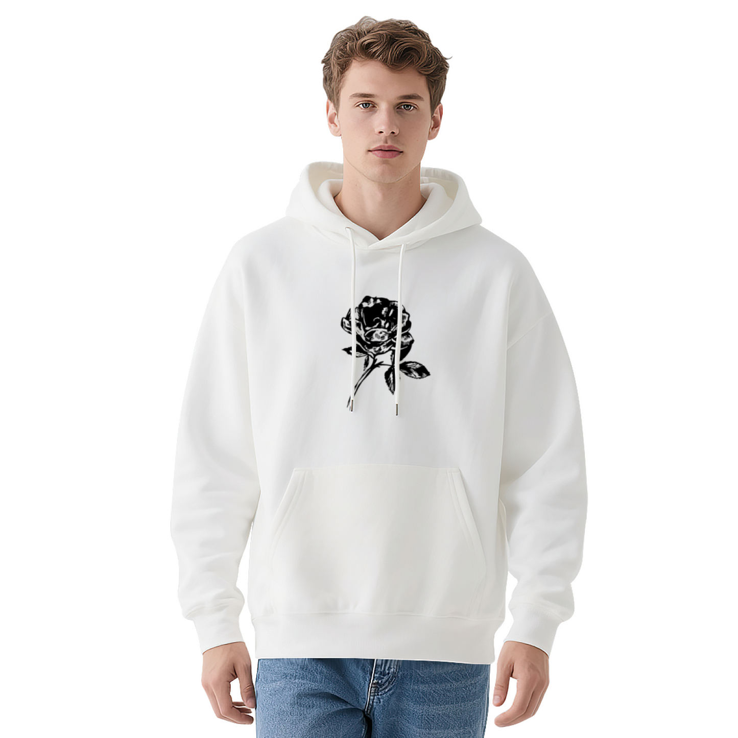 Minimal Black Sketch Rose White Hoodie, Soft Elegant Comfort Unisex Daily Hoodie