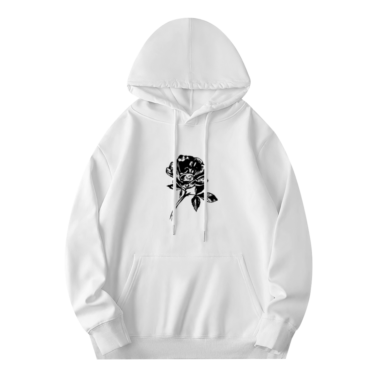 Minimal Black Sketch Rose White Hoodie, Soft Elegant Comfort Unisex Daily Hoodie