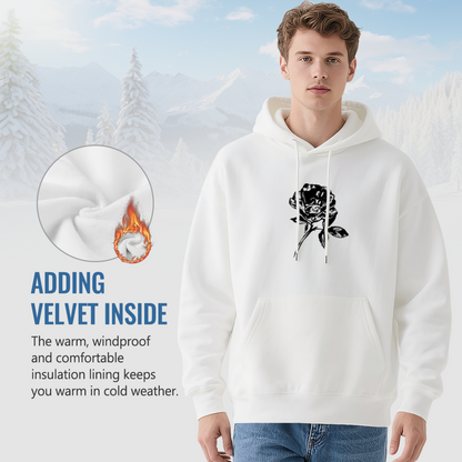 Minimal Black Sketch Rose White Hoodie, Soft Elegant Comfort Unisex Daily Hoodie