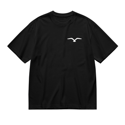 Tiny Minimalist White Seagull Chest Print Black Plus Size Women's Printed T-Shirt
