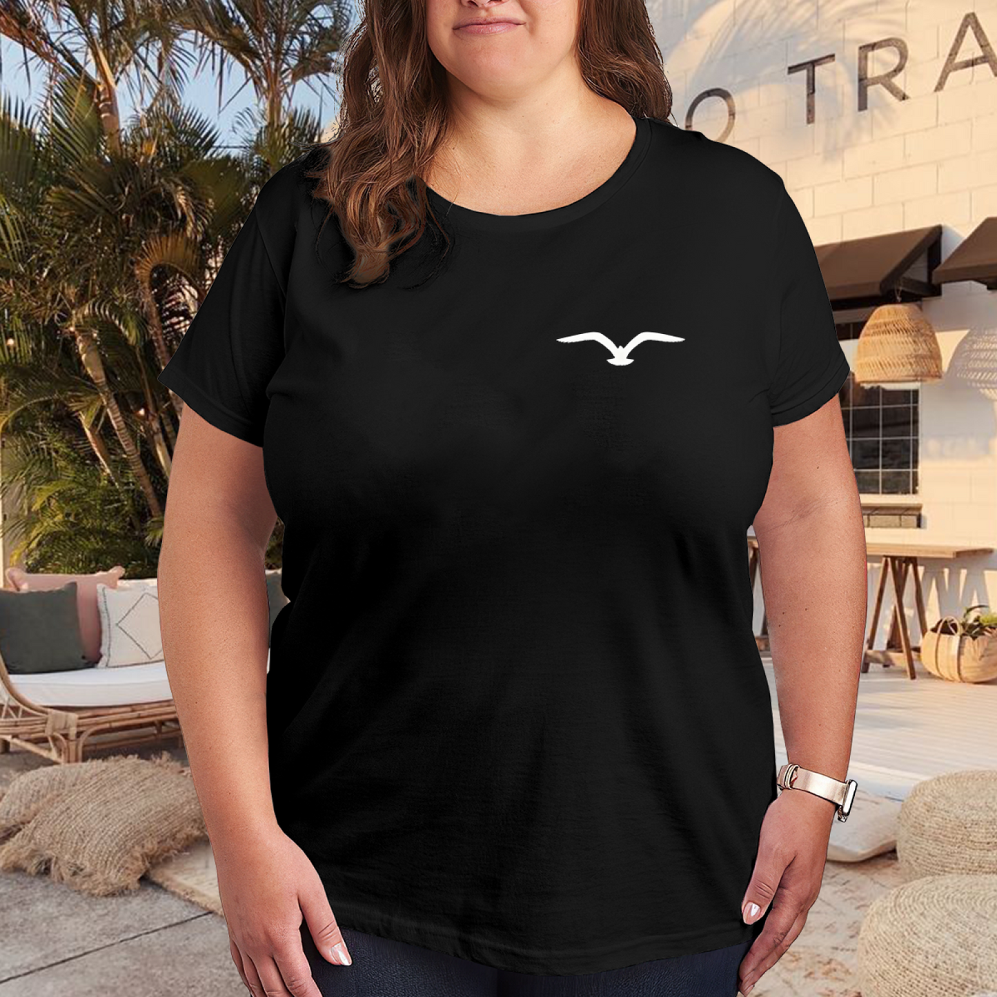 Tiny Minimalist White Seagull Chest Print Black Plus Size Women's Printed T-Shirt