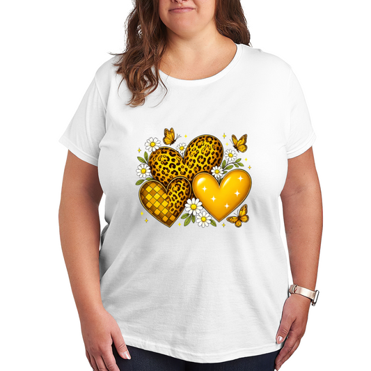 Leopard Heart Daisy & Yellow Butterfly Retro Print Plus Size Women¡¯s T-Shirt