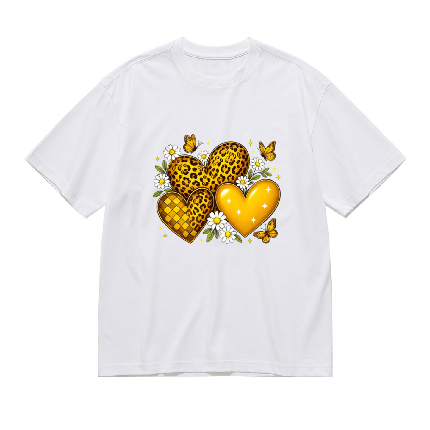 Leopard Heart Daisy & Yellow Butterfly Retro Print Plus Size Women¡¯s T-Shirt