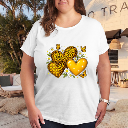 Leopard Heart Daisy & Yellow Butterfly Retro Print Plus Size Women¡¯s T-Shirt
