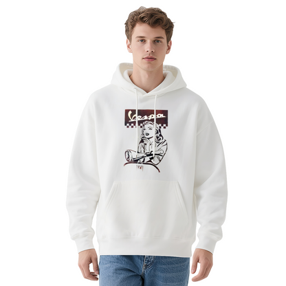 Vintage Vespa Retro Lady White Hoodie, Unisex Comfort Classic Pullover