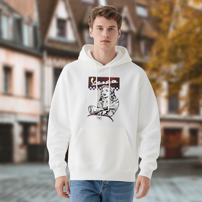 Vintage Vespa Retro Lady White Hoodie, Unisex Comfort Classic Pullover