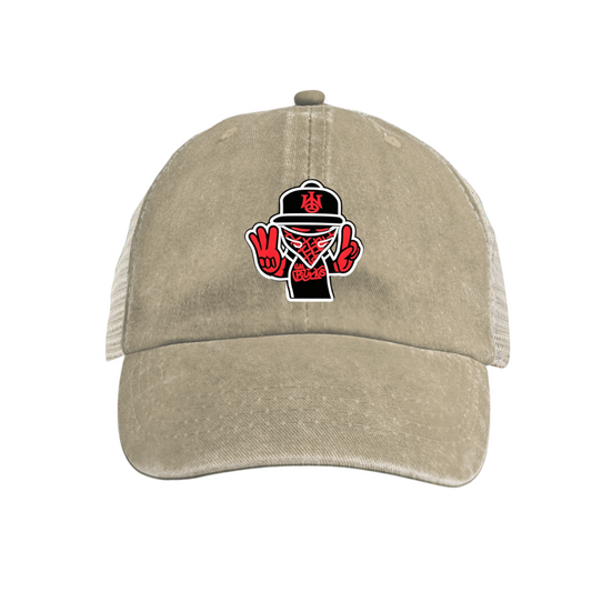 Masked Peace Sign Hip Hop Character Khaki Washed Mesh Trucker Hat, Street Graffiti Retro Snapback Hat