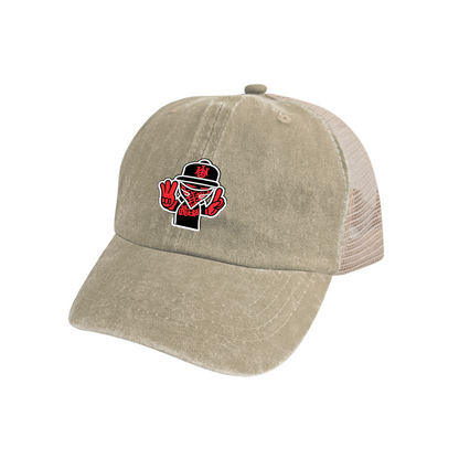 Masked Peace Sign Hip Hop Character Khaki Washed Mesh Trucker Hat, Street Graffiti Retro Snapback Hat