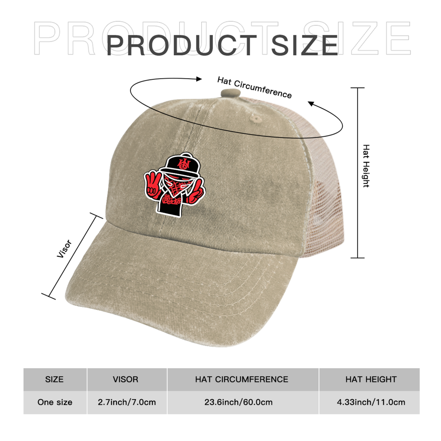 Masked Peace Sign Hip Hop Character Khaki Washed Mesh Trucker Hat, Street Graffiti Retro Snapback Hat