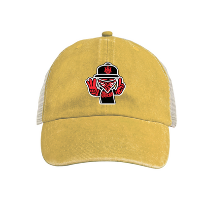 Masked Peace Sign Hip Hop Character Khaki Washed Mesh Trucker Hat, Street Graffiti Retro Snapback Hat